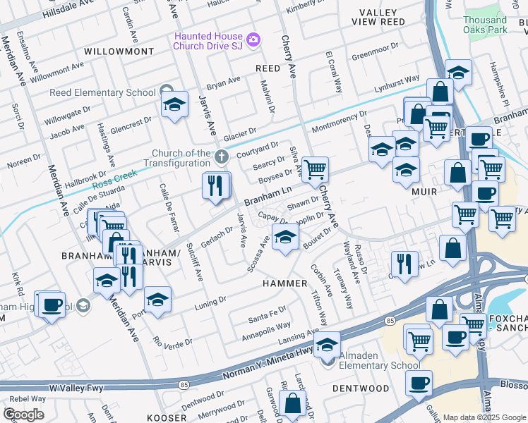 map of restaurants, bars, coffee shops, grocery stores, and more near 4699 Capay Drive in San Jose