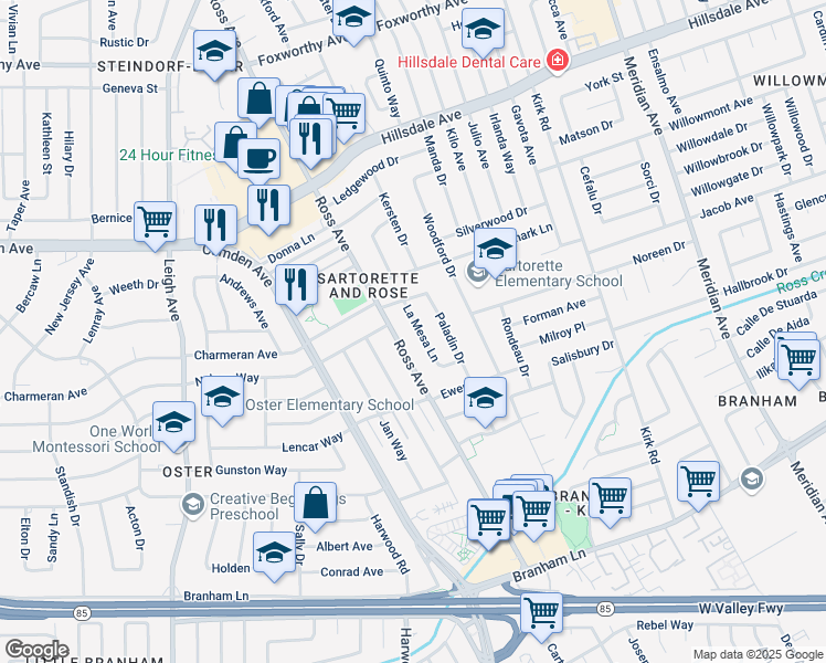 map of restaurants, bars, coffee shops, grocery stores, and more near 3993 La Mesa Lane in San Jose