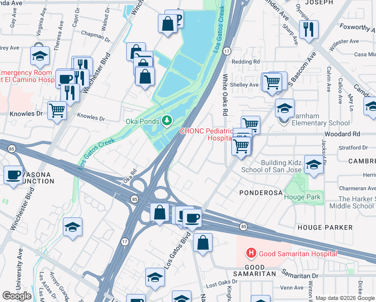 map of restaurants, bars, coffee shops, grocery stores, and more near 1186 Emerson Avenue in Campbell