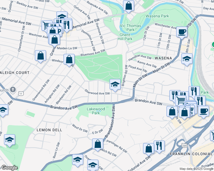 map of restaurants, bars, coffee shops, grocery stores, and more near 1244 Sherwood Avenue Southwest in Roanoke