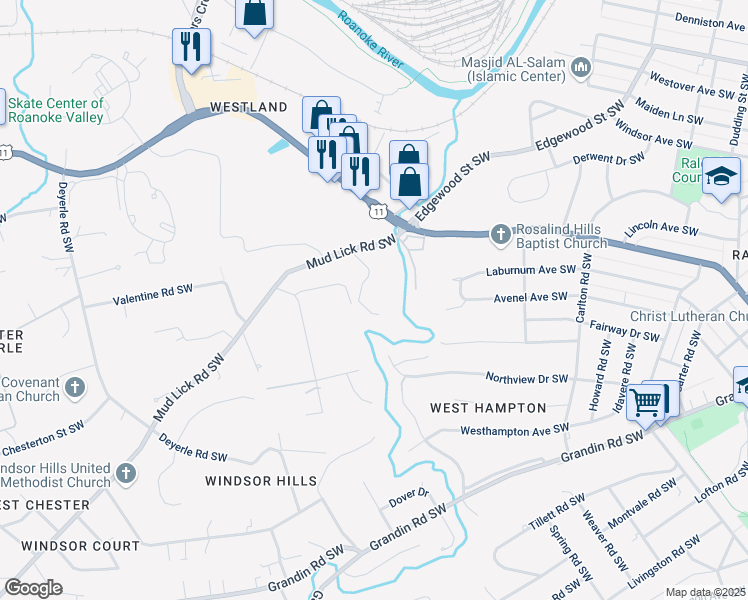 map of restaurants, bars, coffee shops, grocery stores, and more near 3101 Hubbard Road Southwest in Roanoke