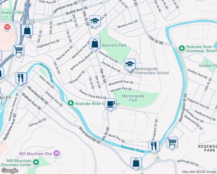 map of restaurants, bars, coffee shops, grocery stores, and more near 901-999 Morgan Ave SE in Roanoke