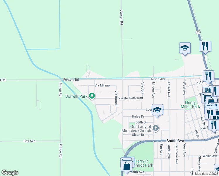 map of restaurants, bars, coffee shops, grocery stores, and more near 1570 Vía Compania in Gustine