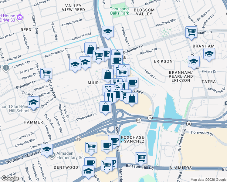map of restaurants, bars, coffee shops, grocery stores, and more near Almaden Expy & Cherry Ave in San Jose