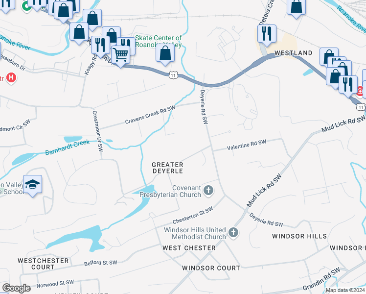 map of restaurants, bars, coffee shops, grocery stores, and more near 3643 Lake Drive Southwest in Roanoke