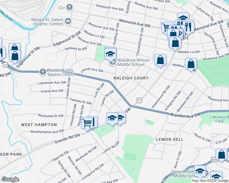 map of restaurants, bars, coffee shops, grocery stores, and more near 2119 Laburnum Avenue Southwest in Roanoke