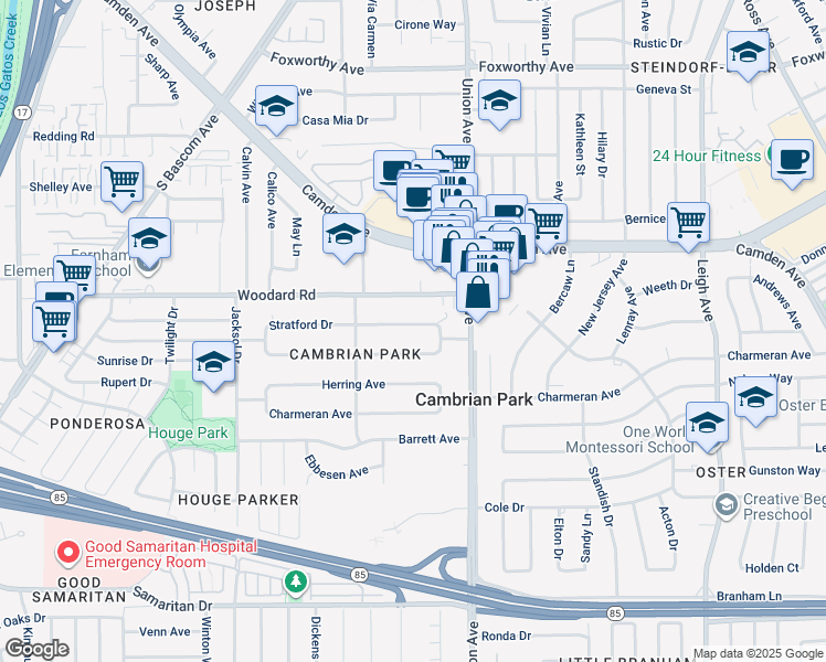 map of restaurants, bars, coffee shops, grocery stores, and more near 15122 Stratford Drive in San Jose