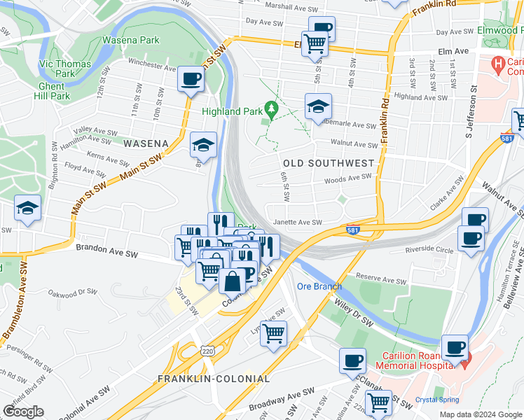map of restaurants, bars, coffee shops, grocery stores, and more near 632 Janette Avenue Southwest in Roanoke