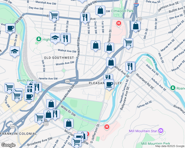 map of restaurants, bars, coffee shops, grocery stores, and more near 1403 Clarke Avenue Southwest in Roanoke