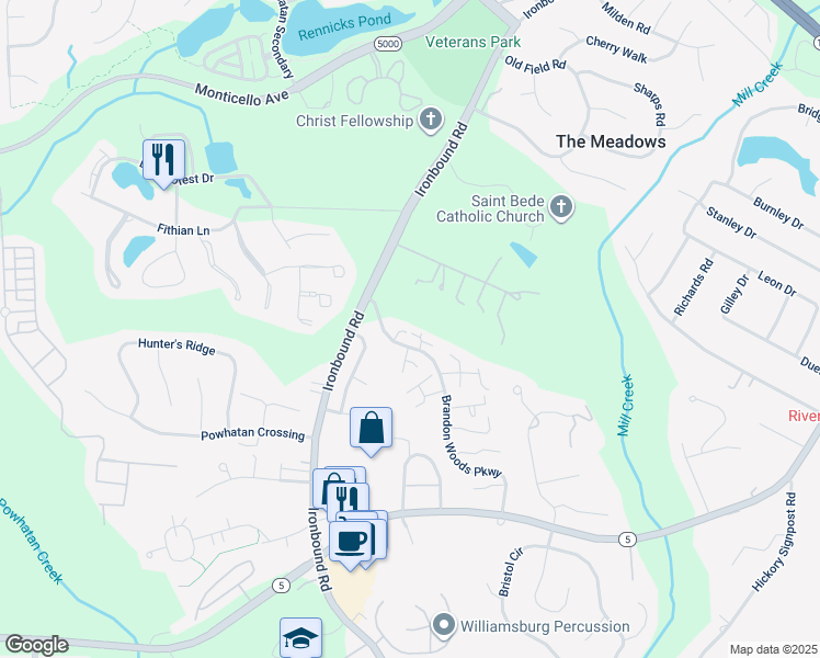 map of restaurants, bars, coffee shops, grocery stores, and more near 3804 Abington Park in Williamsburg