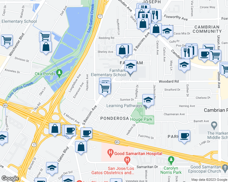 map of restaurants, bars, coffee shops, grocery stores, and more near 3891 Starview Drive in San Jose