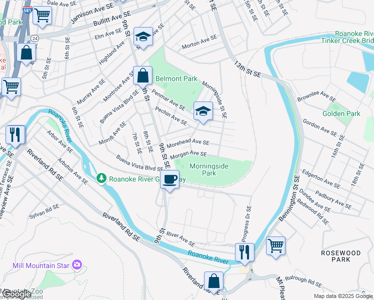 map of restaurants, bars, coffee shops, grocery stores, and more near 946 Morgan Avenue Southeast in Roanoke