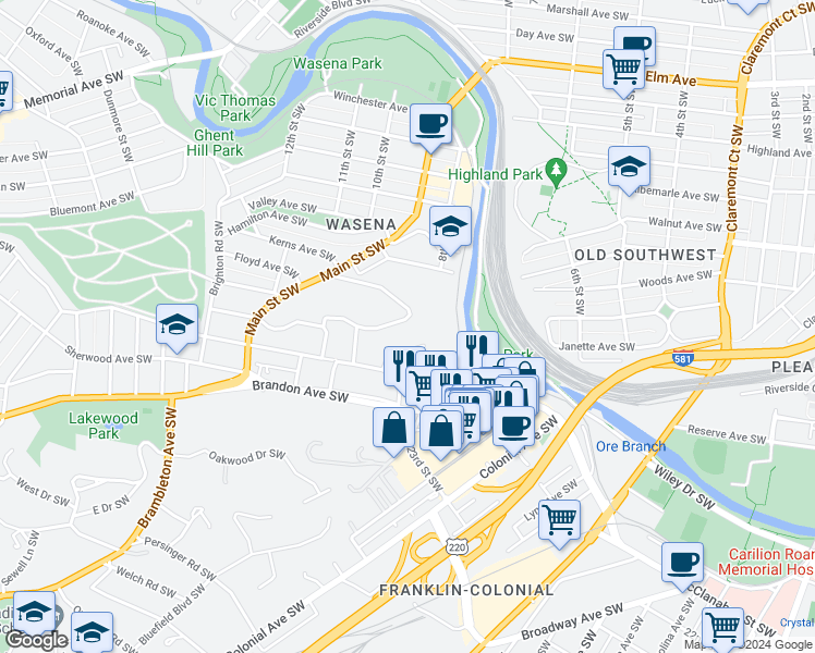 map of restaurants, bars, coffee shops, grocery stores, and more near 740 Welton Avenue Southwest in Roanoke