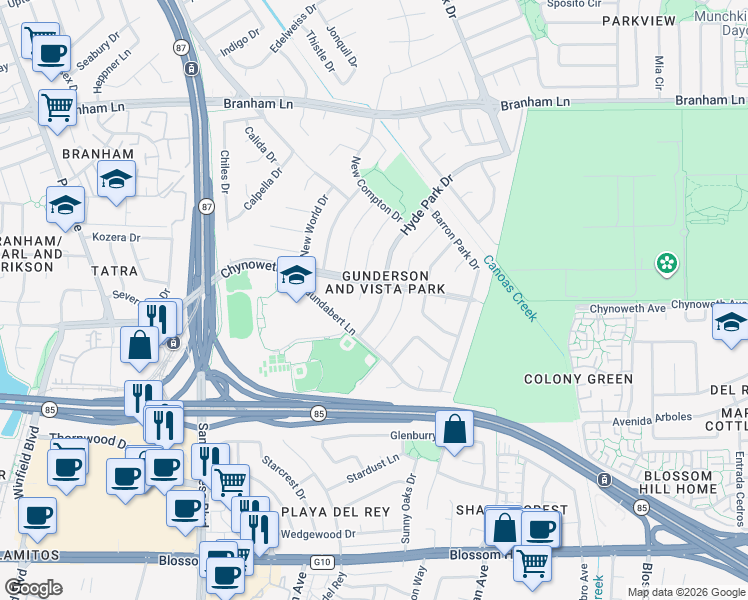 map of restaurants, bars, coffee shops, grocery stores, and more near 5179 Devon Park Court in San Jose