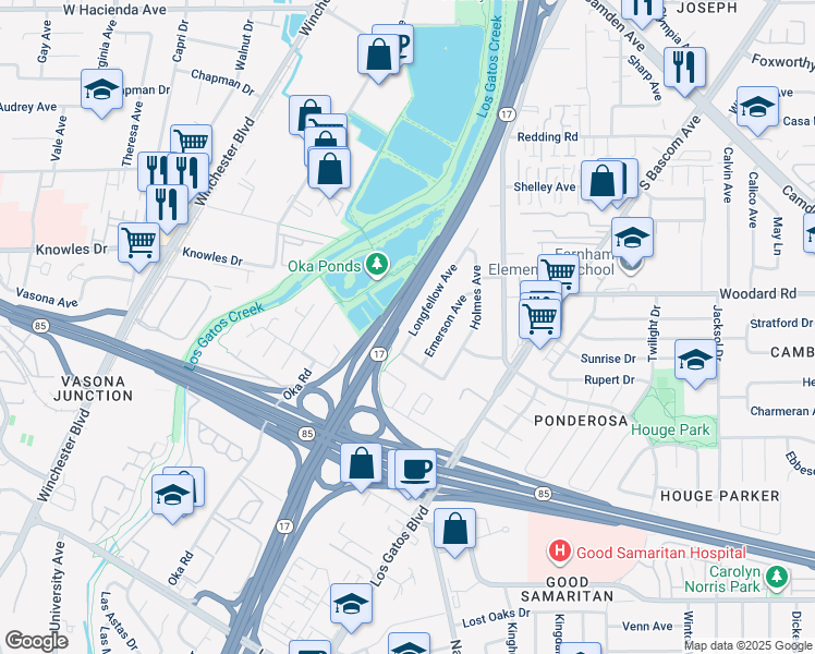 map of restaurants, bars, coffee shops, grocery stores, and more near 110 Kilmer Avenue in Campbell