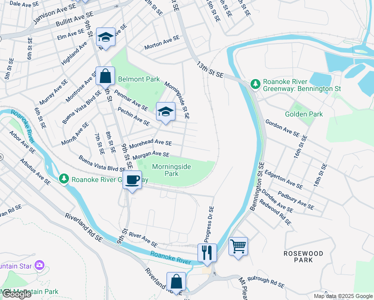 map of restaurants, bars, coffee shops, grocery stores, and more near 1106 Morgan Avenue Southeast in Roanoke