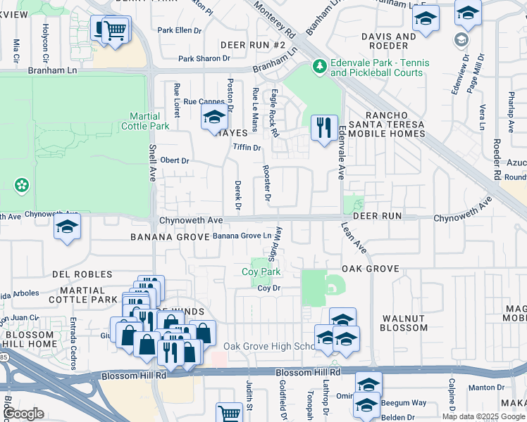 map of restaurants, bars, coffee shops, grocery stores, and more near 5295 Rooster Drive in San Jose