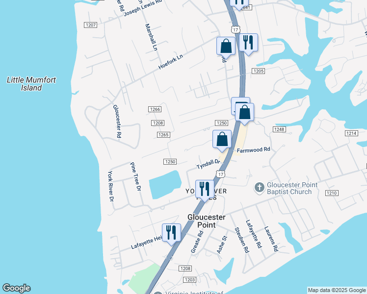 map of restaurants, bars, coffee shops, grocery stores, and more near 7521 Villa Court in Gloucester Point