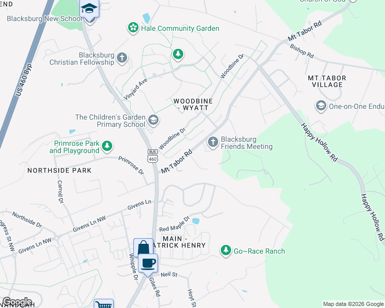 map of restaurants, bars, coffee shops, grocery stores, and more near 1916 Tabor Village Drive in Blacksburg