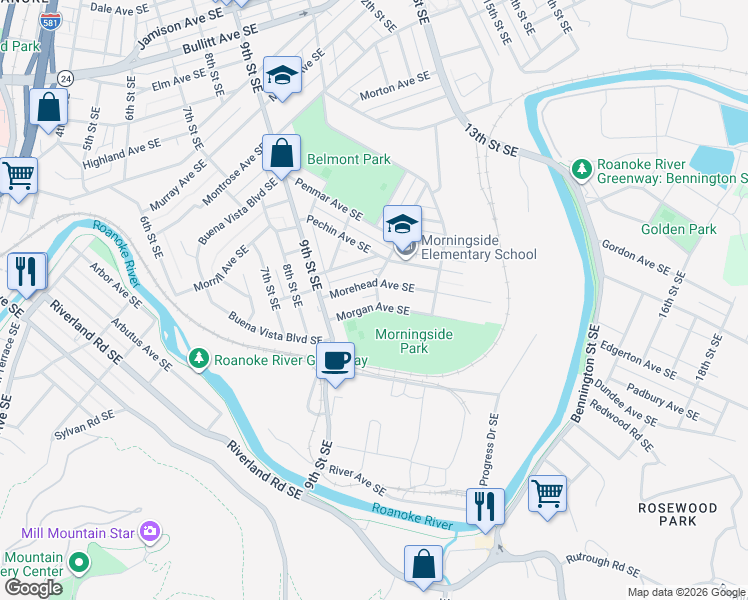 map of restaurants, bars, coffee shops, grocery stores, and more near 938 Morgan Avenue Southeast in Roanoke