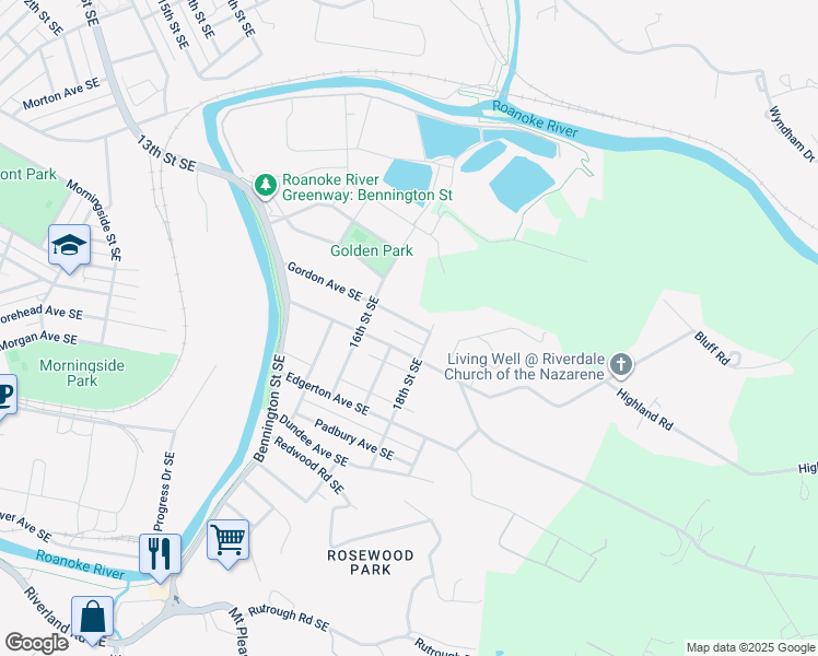 map of restaurants, bars, coffee shops, grocery stores, and more near 1709 Gordon Avenue Southeast in Roanoke