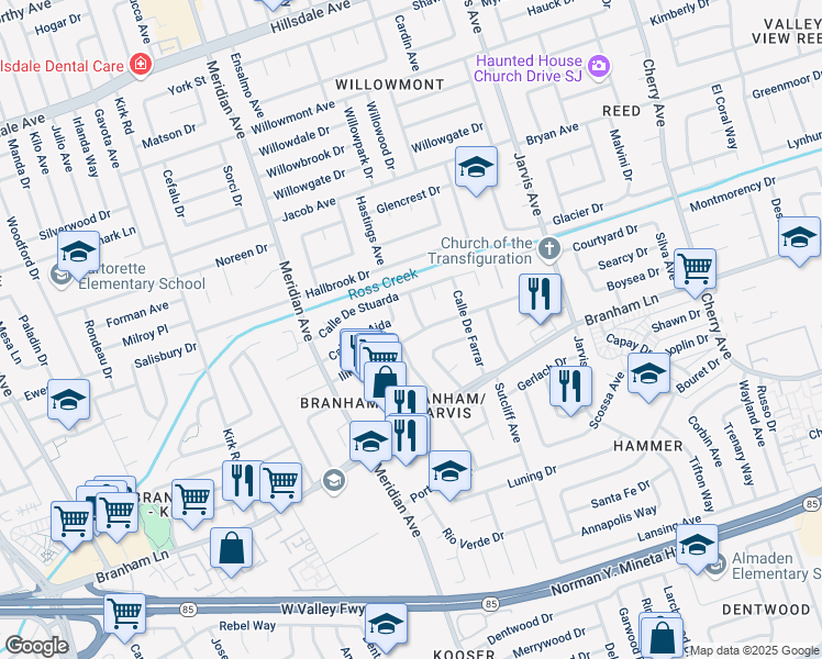 map of restaurants, bars, coffee shops, grocery stores, and more near 1525 Casa De Ponselle in San Jose