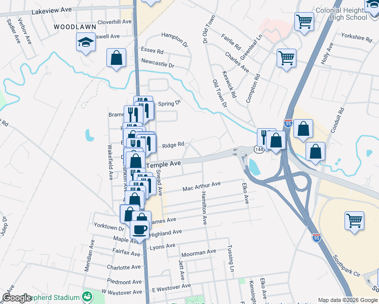 map of restaurants, bars, coffee shops, grocery stores, and more near 303 Temple Avenue in Colonial Heights