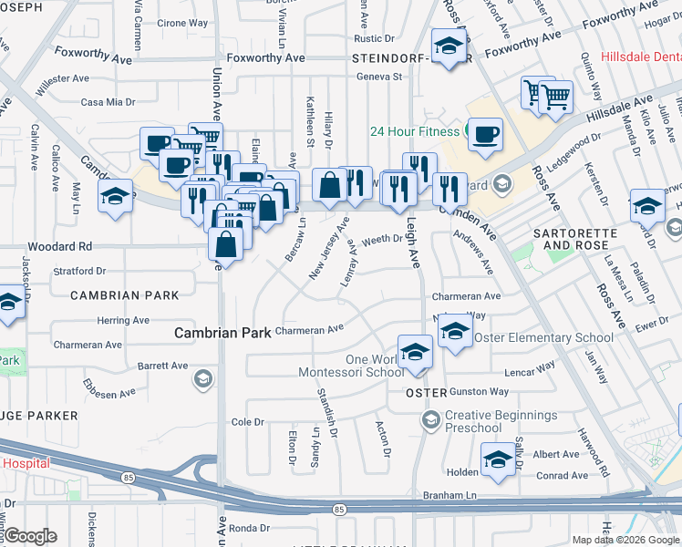 map of restaurants, bars, coffee shops, grocery stores, and more near 14421 Lenray Avenue in San Jose