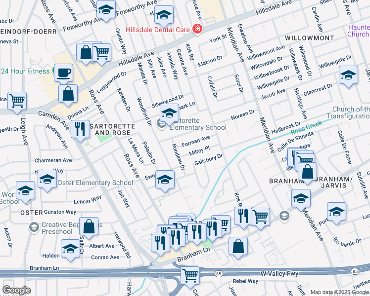 map of restaurants, bars, coffee shops, grocery stores, and more near 1684 Milroy Place in San Jose