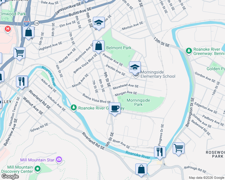 map of restaurants, bars, coffee shops, grocery stores, and more near 901-999 Morgan Ave SE in Roanoke