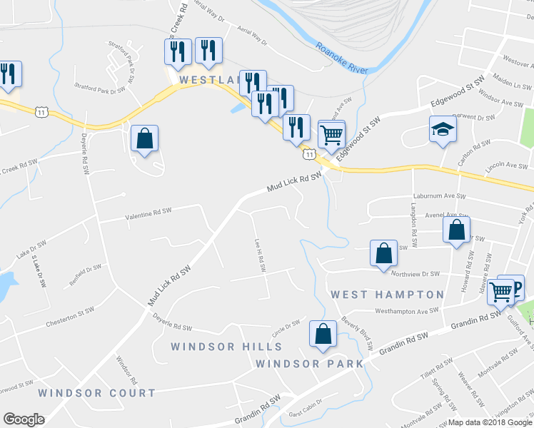 map of restaurants, bars, coffee shops, grocery stores, and more near 3230 Orchard Hill Road Southwest in Roanoke