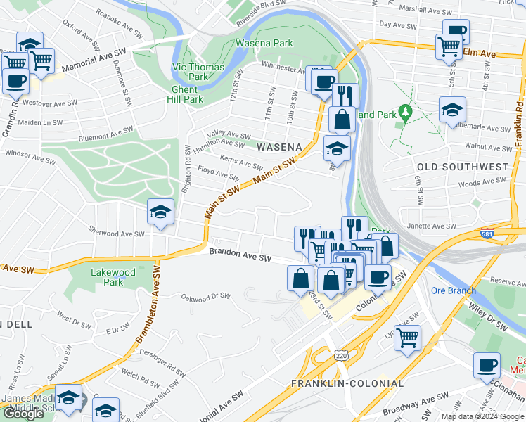 map of restaurants, bars, coffee shops, grocery stores, and more near 818 Welton Avenue Southwest in Roanoke