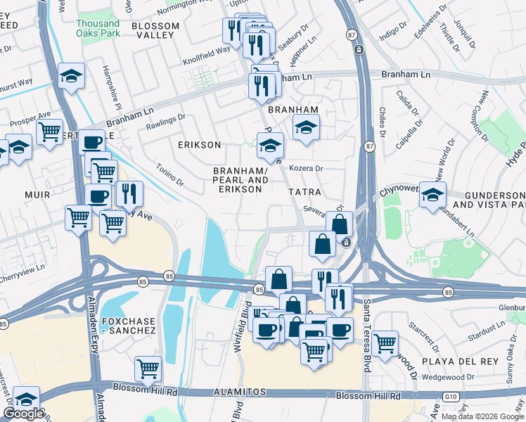 map of restaurants, bars, coffee shops, grocery stores, and more near 939 Sapphire Court in San Jose