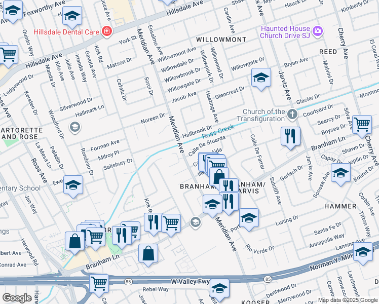 map of restaurants, bars, coffee shops, grocery stores, and more near 1595 Calle De Stuarda in San Jose
