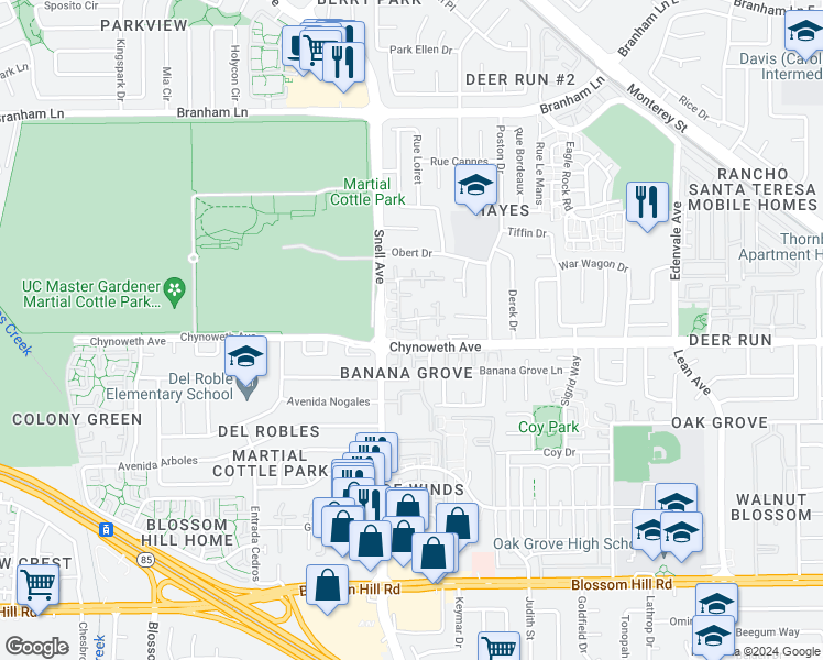 map of restaurants, bars, coffee shops, grocery stores, and more near 3101 Ivygate Lane in San Jose