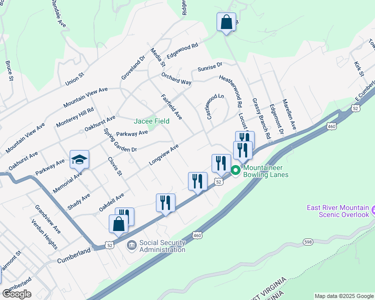 map of restaurants, bars, coffee shops, grocery stores, and more near 2701 Mountain View Avenue in Bluefield