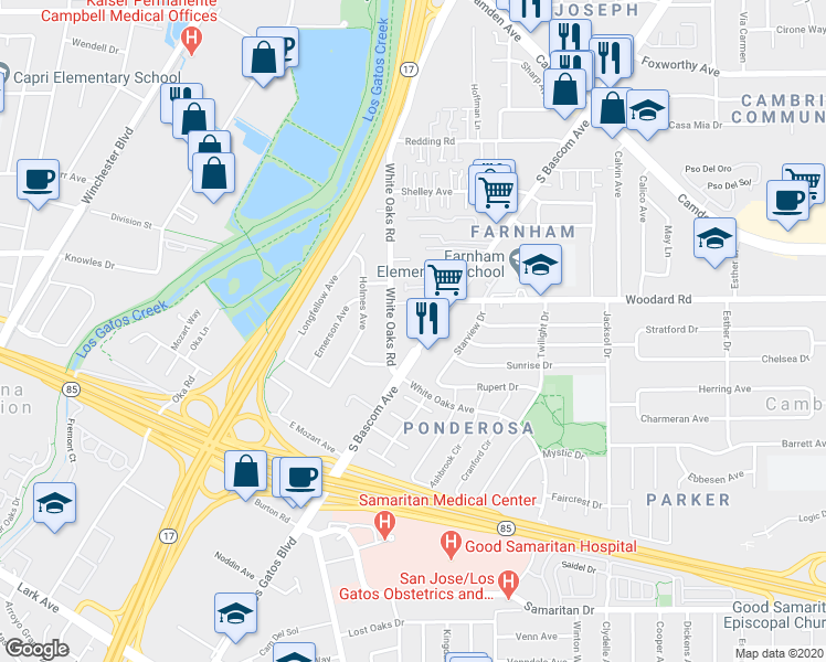 map of restaurants, bars, coffee shops, grocery stores, and more near 369 Hatcher Court in Campbell