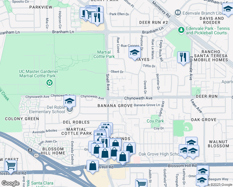 map of restaurants, bars, coffee shops, grocery stores, and more near 3101 Ivygate Lane in San Jose