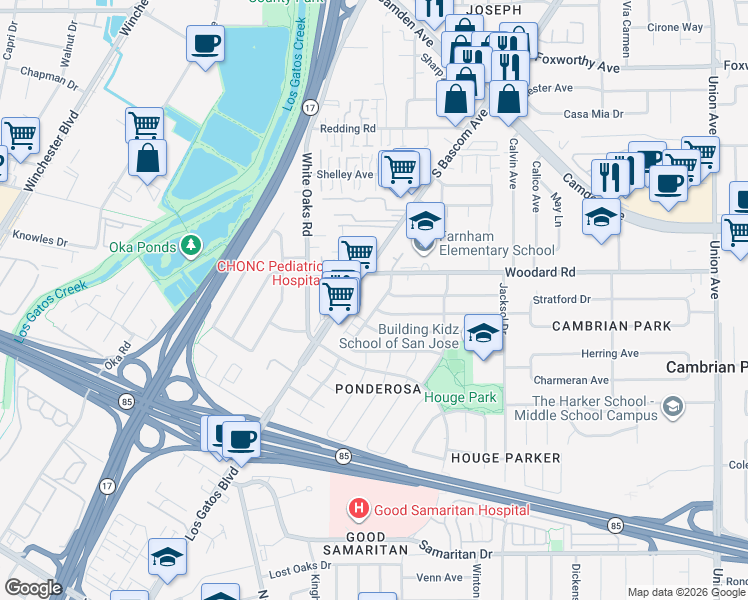 map of restaurants, bars, coffee shops, grocery stores, and more near 3725 Starview Drive in San Jose