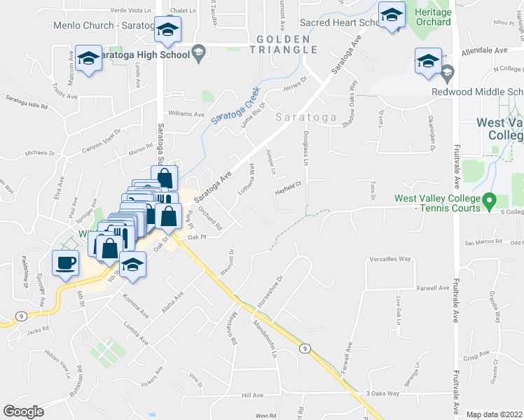 map of restaurants, bars, coffee shops, grocery stores, and more near 20063 Spaich Court in Saratoga
