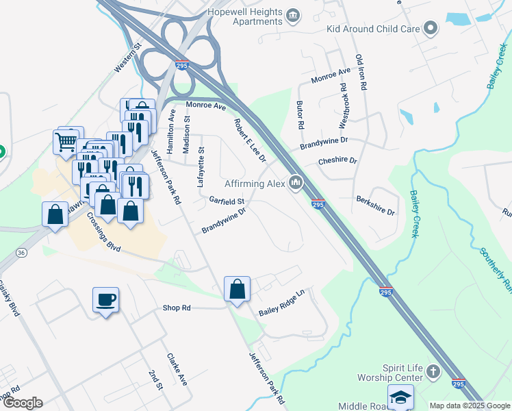 map of restaurants, bars, coffee shops, grocery stores, and more near 4801 Garfield Street in Hopewell
