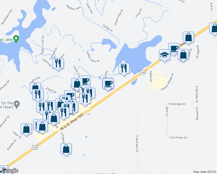 map of restaurants, bars, coffee shops, grocery stores, and more near 42 Pinon Causeway in Pagosa Springs
