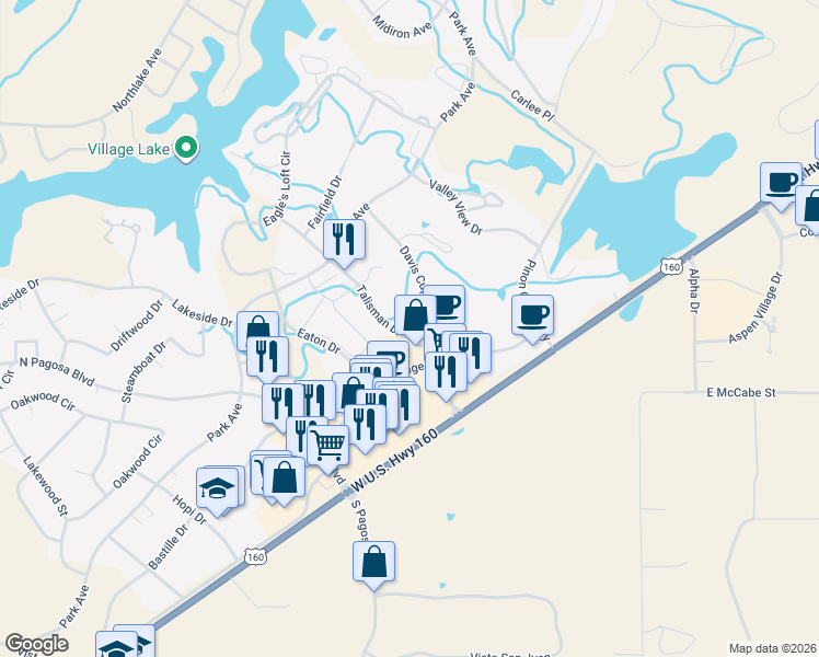 map of restaurants, bars, coffee shops, grocery stores, and more near 301 Talisman Drive in Pagosa Springs