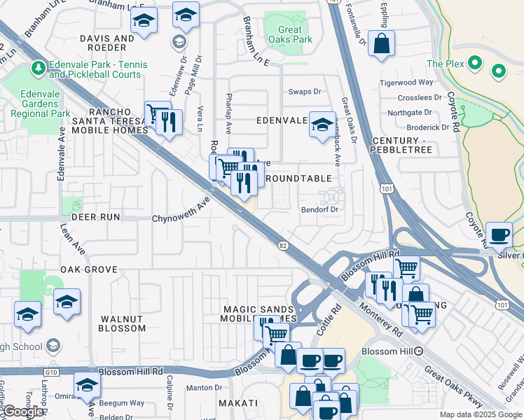 map of restaurants, bars, coffee shops, grocery stores, and more near 5320 Monterey Road in San Jose