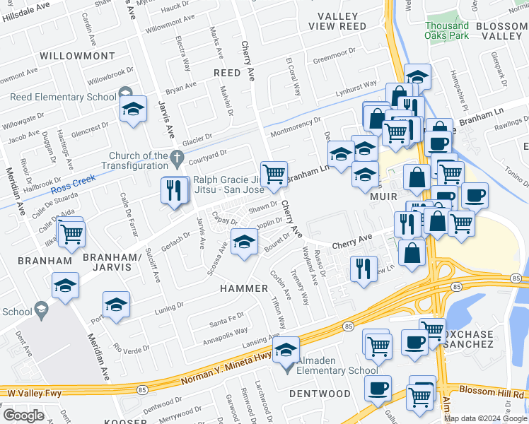 map of restaurants, bars, coffee shops, grocery stores, and more near 4645 Cherry Avenue in San Jose