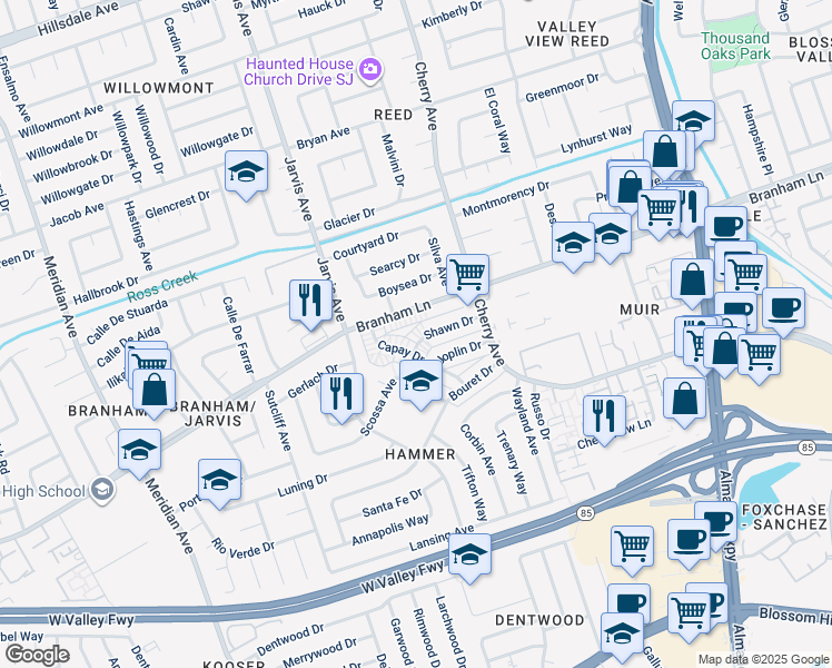 map of restaurants, bars, coffee shops, grocery stores, and more near 1358 Branham Lane in San Jose