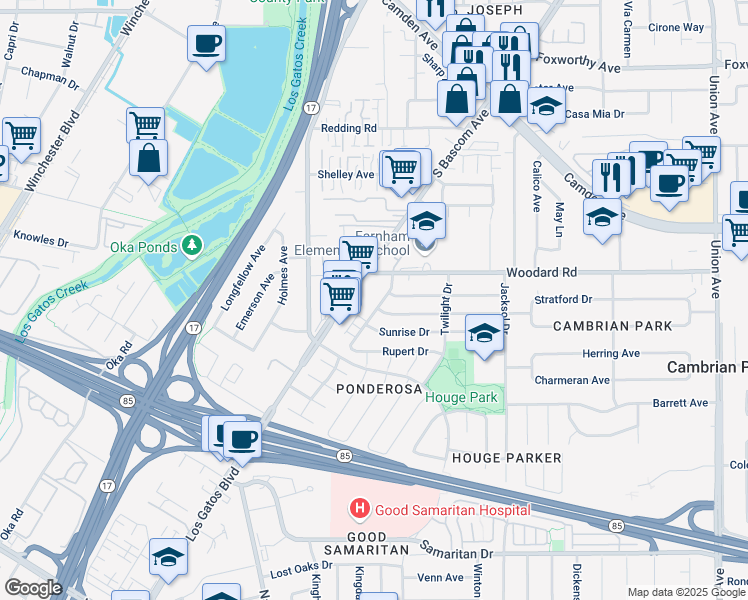 map of restaurants, bars, coffee shops, grocery stores, and more near 3725 Starview Drive in San Jose