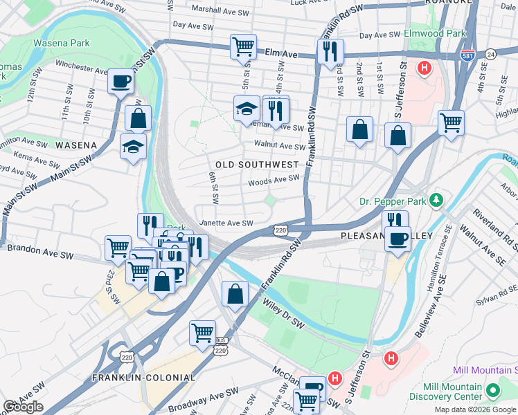 map of restaurants, bars, coffee shops, grocery stores, and more near 415 King George Avenue Southwest in Roanoke