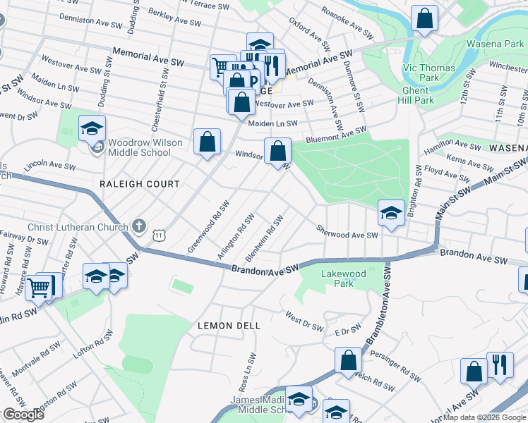 map of restaurants, bars, coffee shops, grocery stores, and more near 1700-1798 Sherwood Avenue Southwest in Roanoke