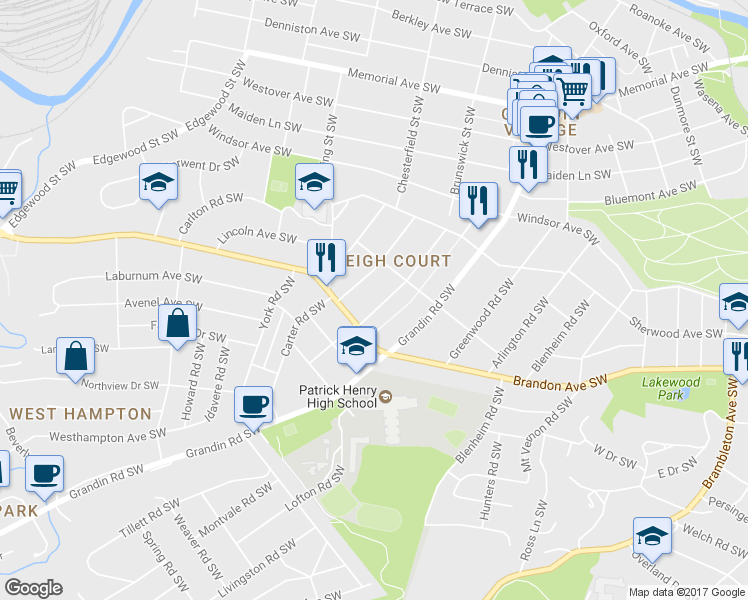 map of restaurants, bars, coffee shops, grocery stores, and more near 1924 Avon Road Southwest in Roanoke